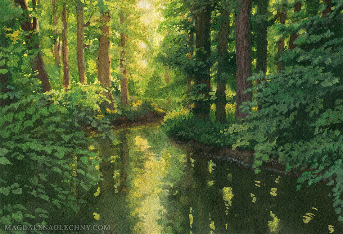 A gouache painting of a stream surrounded by trees and bushes. The painting is based on a location in Castle Park in Żywiec, Poland.
