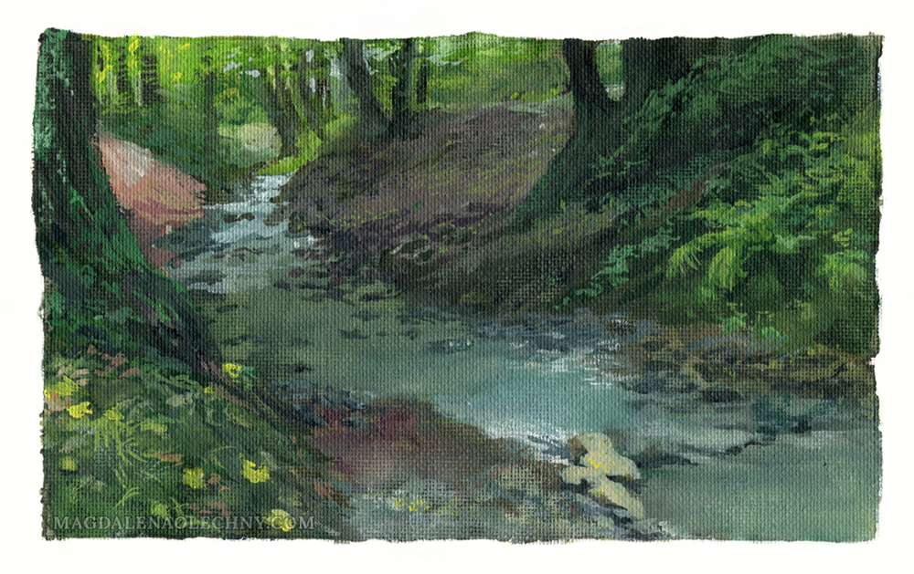 Gouache painting of a stream in the park. The stream is rather shallow and narrow, surrounded by trees and muddy banks covered by greenery. The weather is overcast.