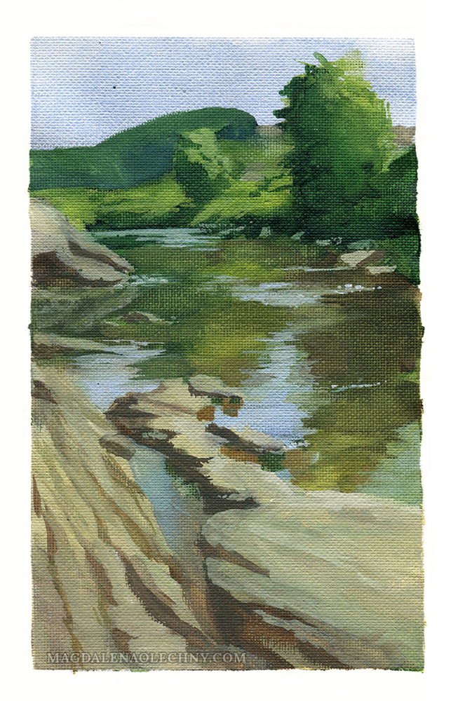 Gouache painting of Biała Tarnowska River, with one bank covered by greenery and the other formed of large rocks. The weather is sunny.