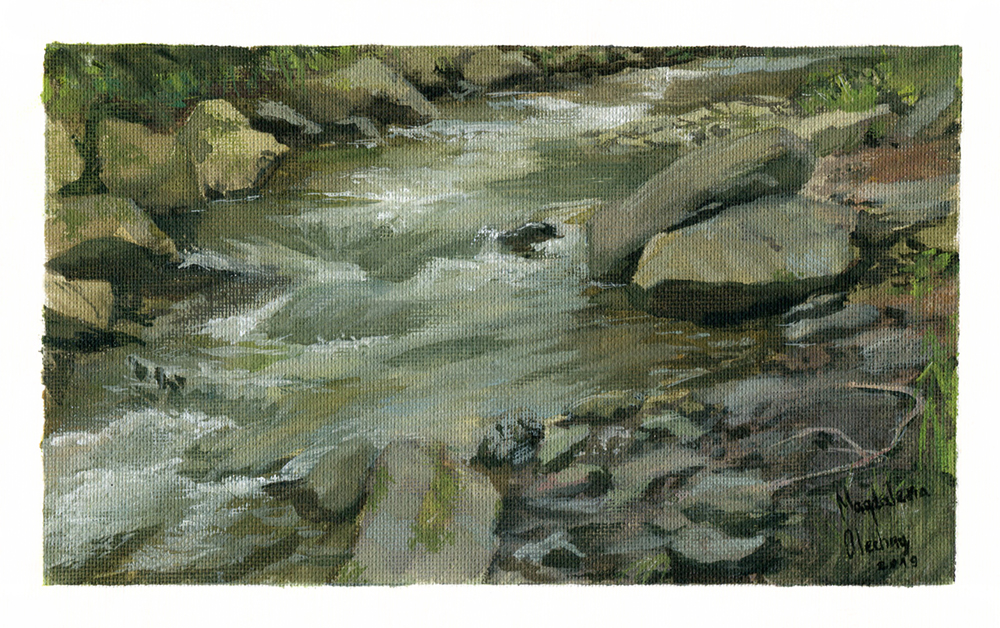 Gouache painting of a rapid stream surrounded by rocks, branches and greenery.