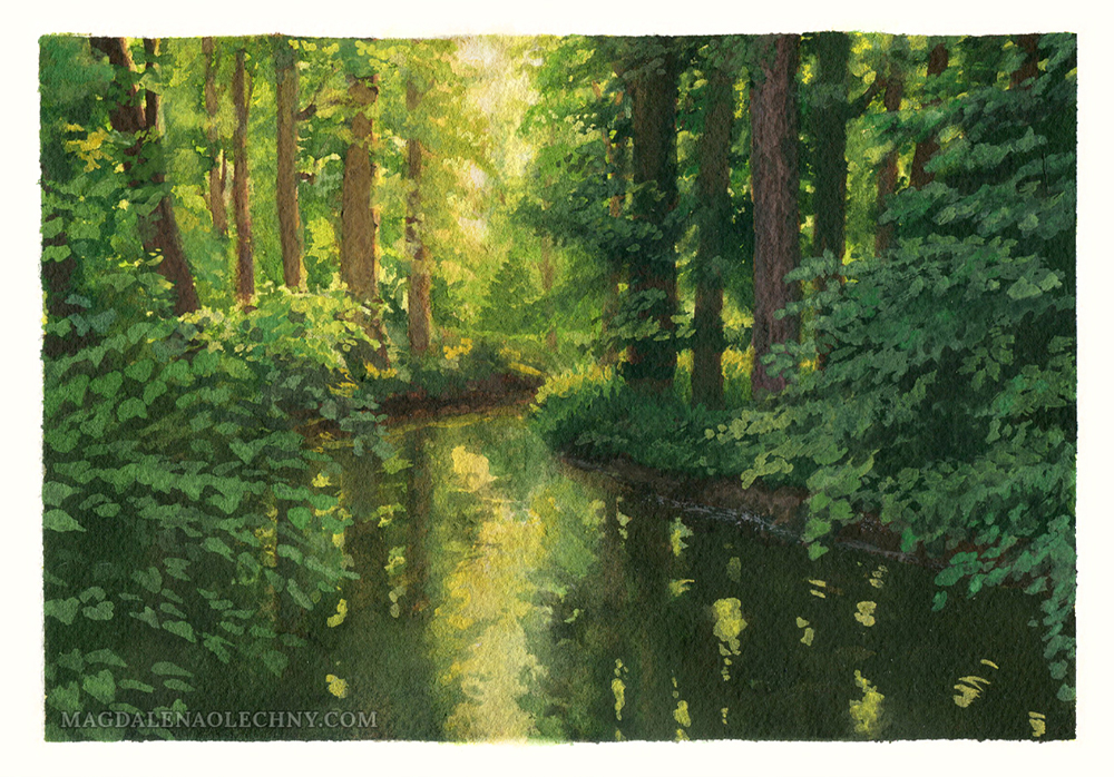 Gouache painting of a gentle stream in Żywiec Park. There are trees and bushes by the water. Everything is bathed in golden light.