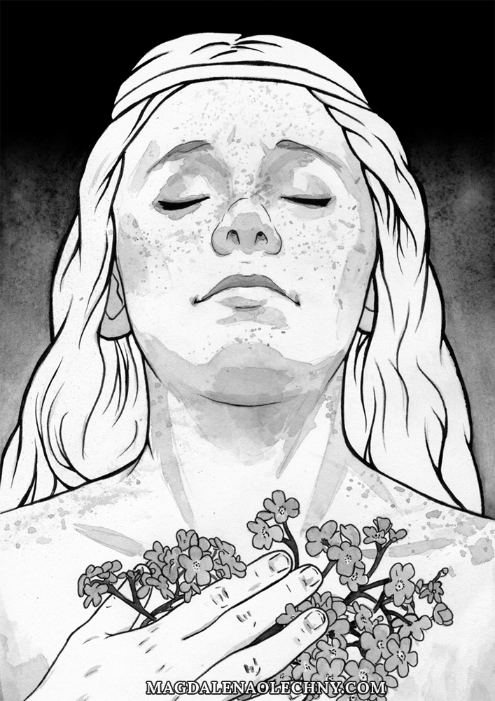 Ink portrait of a young, freckled girl with closed eyes, holding forget-me-nots in her hand.