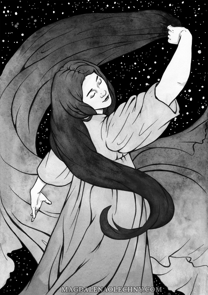 Ink drawing of a dark-haired female elf, dancing with a long shawl in her hand. Behind her there is a night sky full of stars.