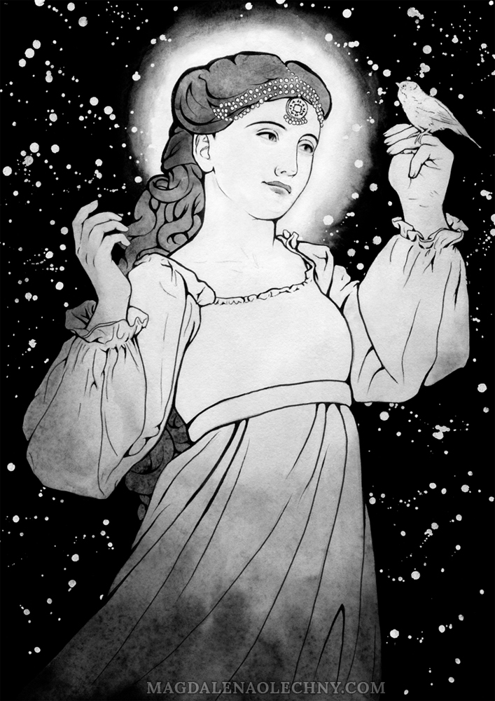Ink drawing of a woman with a halo, is looking at a nightingale sitting on her hand. Behind her there is a night sky full of stars.