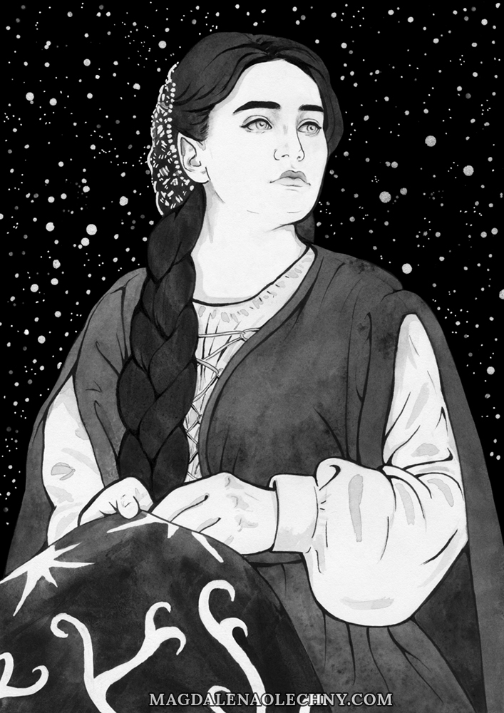 Ink drawing of a female elf with a long dark braid, is looking into the distance and holding the banner she is embroidering. Behind her there is a night sky full of stars.