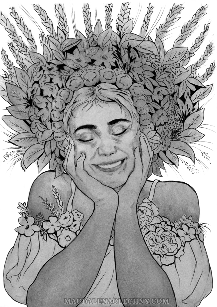 Ink drawing of a Slavic woman, smiling, wearing a crown of flowers, leaves and grain ears.