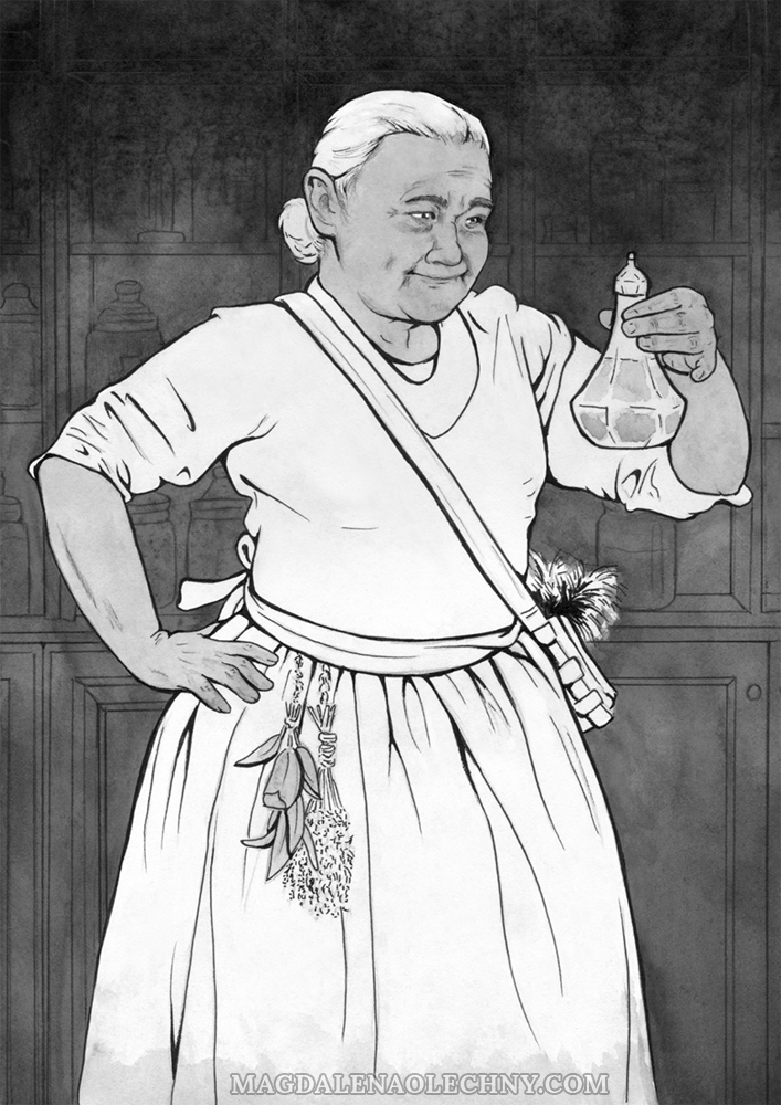 Ink drawing of an elderly healer, who is holding a vial of medicine in her hand. Herbs are attached to her belt and stuck inside her bag.