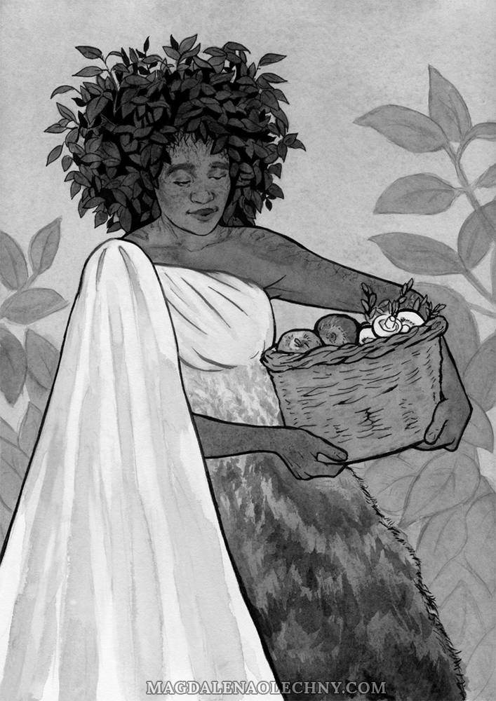 Ink drawing of a black woman with leaf hair in a dress adorned with leafy branches. She is carrying a basket full of fruit, vegetables and mushrooms.