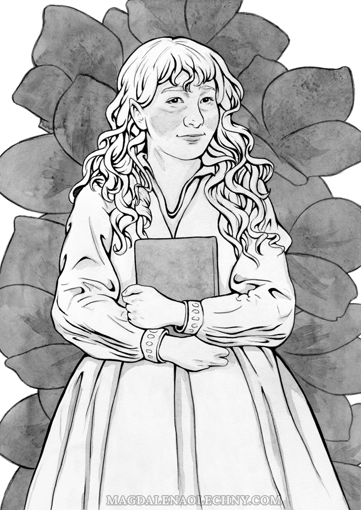 Ink drawing of a smiling woman, who is standing against a backdrop of flowers, a book in her arms.
