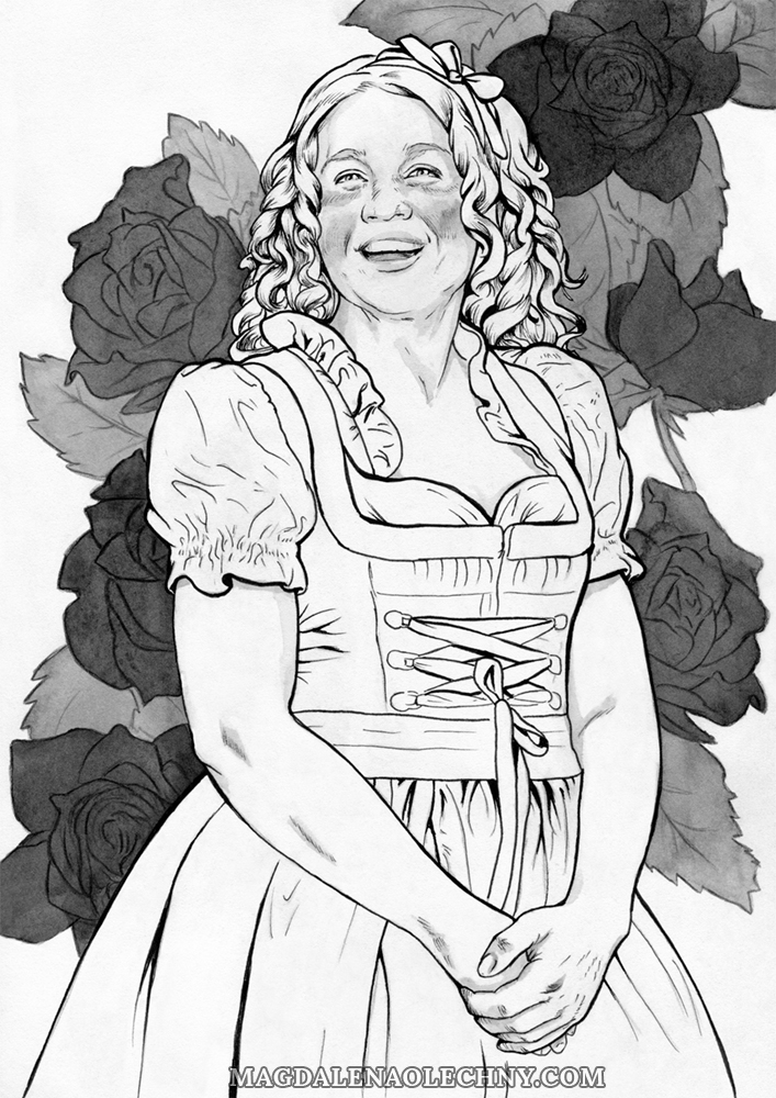Ink drawing of a smiling woman, who is standing against a backdrop of roses, a ribbon in her hair.