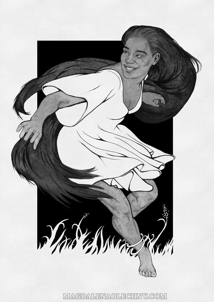 Ink drawing of a long-haired, dark-skinned smiling woman in a short dress. She is running.