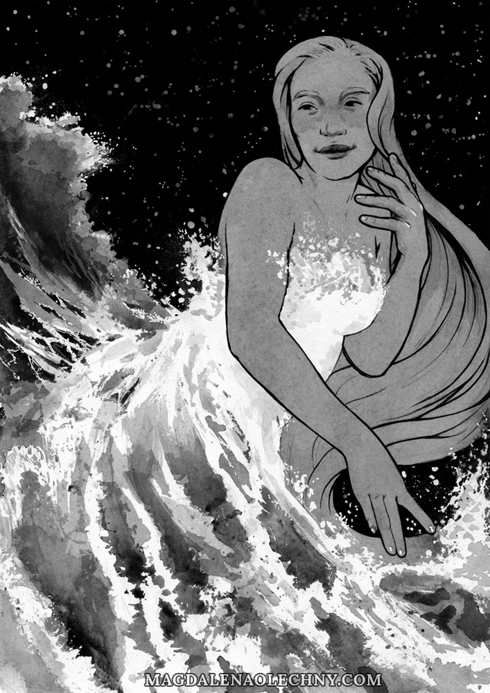 Ink drawing of a Polynesian woman with long hair, dressed in a gown made of a rough sea. Behind her there is a night sky full of stars.