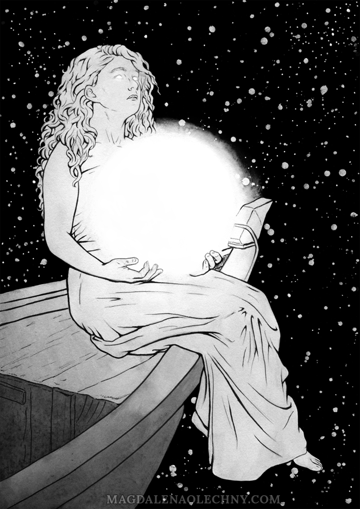 Ink drawing of a woman sitting on a boat in outer space, is holding a fiery ball of the Sun in her hands. Her eyes are glowing.