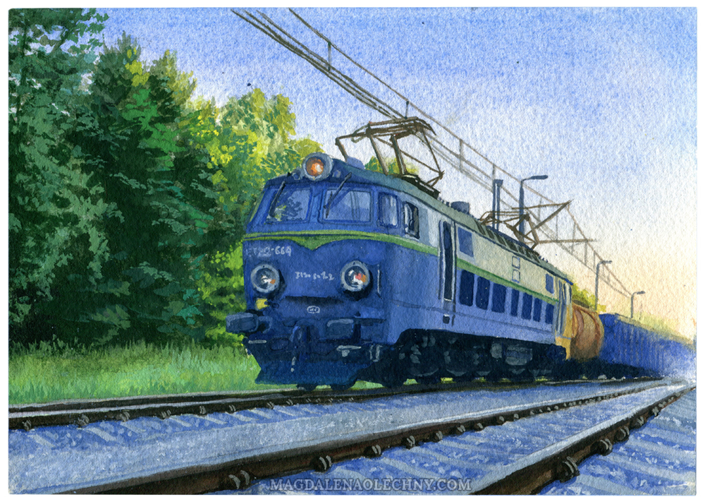 Gouache painting of a blue, freight train in the evening light. There are trees not far from the tracks.