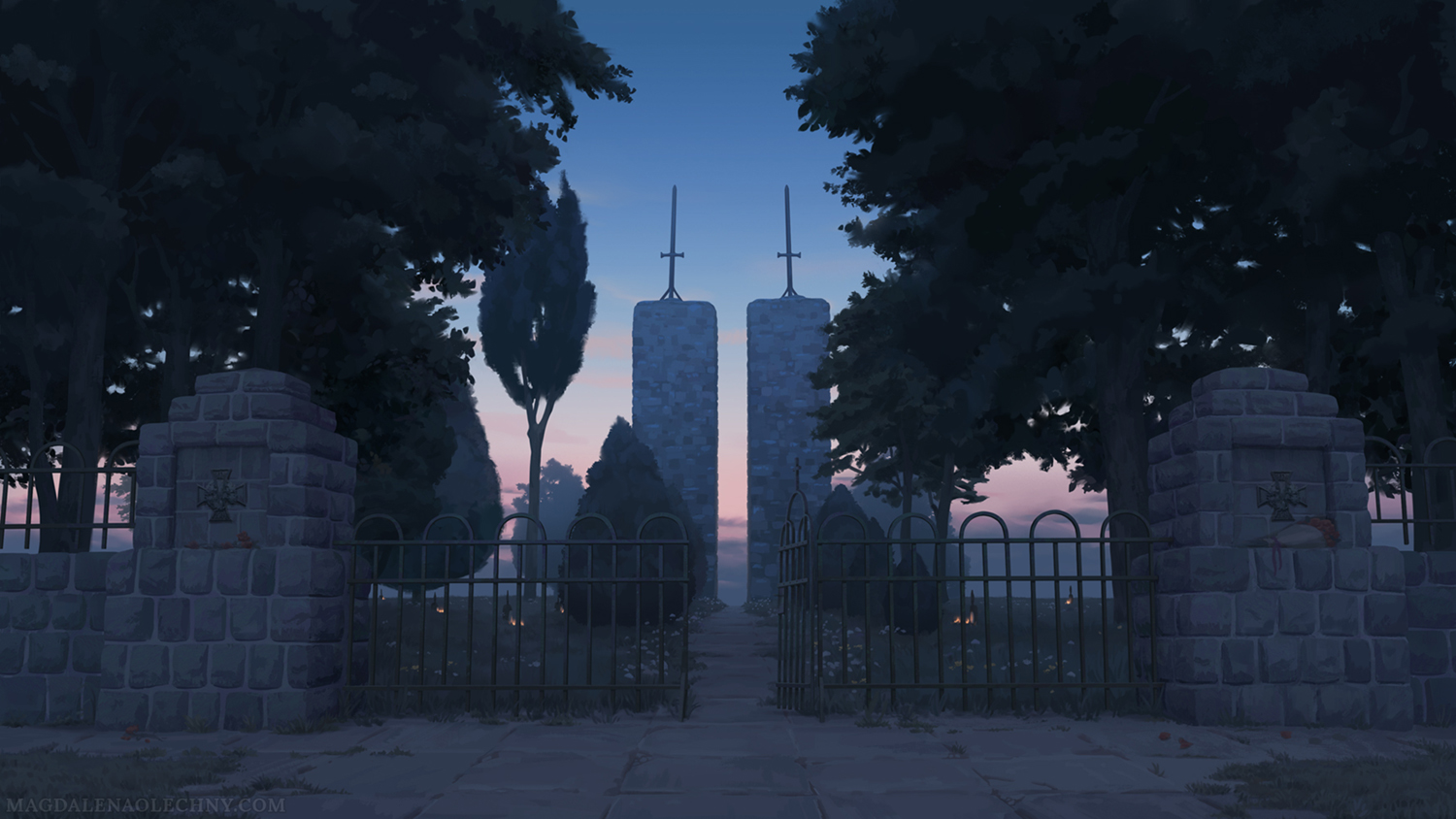 A digital illustration depicting a cemetery Patria in Staszkówka, Poland. The evening sky is the brightest part of the image. In the foreground, there is an open gate and a path leading to two stone towers with swords on their tops. Between the gate and the towers, there are headstones with small lights. The graves are surrounded by trees.