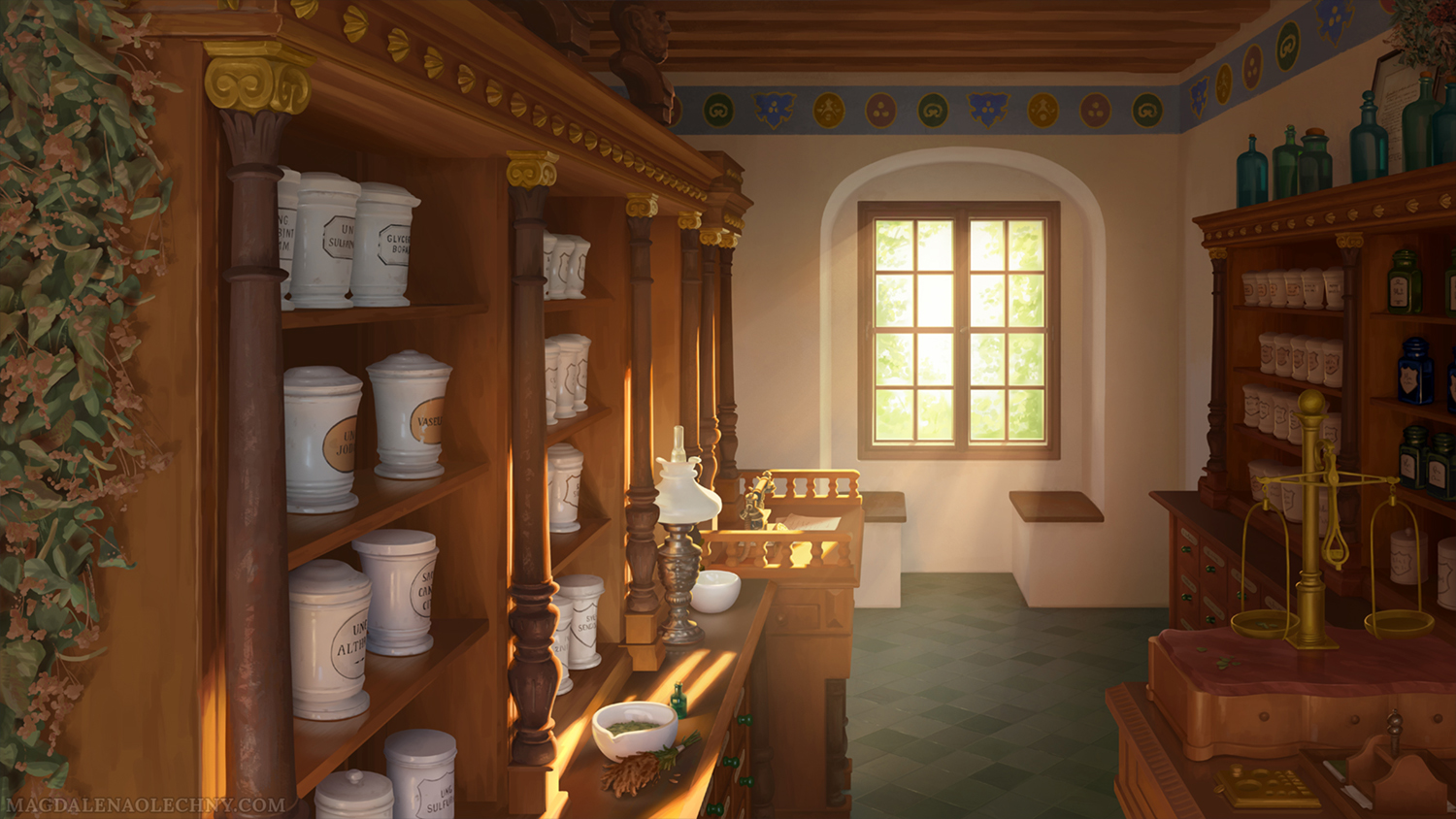 A digital illustration depicting the XIX-century pharmacy. Wooden cabinets are full of ceramic jars and glass bottles. On the side of one of the racks, there are some dried herbs hung upside down. There is a small ceramic mortar and pestle with some herbs on one counter, as well as a phone on another. On a wooden desk, there are marble-topped scales, some coins, and papers. In the background, a window is letting in morning sunlight.