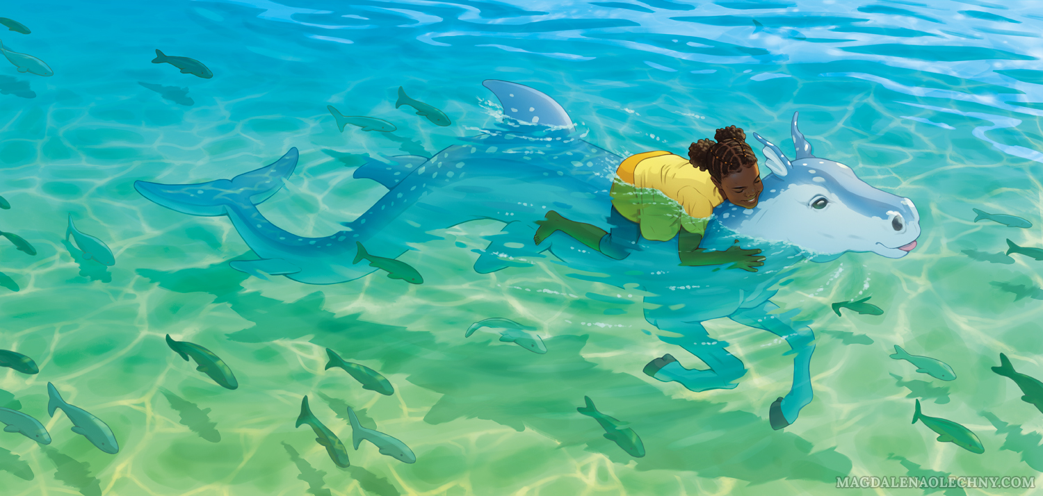 A digital illustration depicting a young, black girl swimming on a fantasy creature – a water horse or a hippocampus. They are swimming in shallow, blue-green waters and are surrounded by fish. The background is painterly and the characters are in the style of lineart and cell-shading.