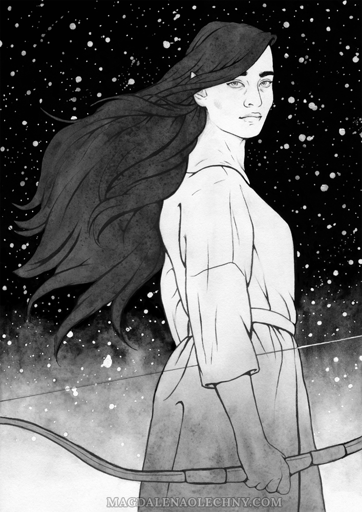 Ink drawing of a female elf with flowing hair, is standing in front of the stars, holding a bow in her hand. Behind her there is a night sky full of stars.