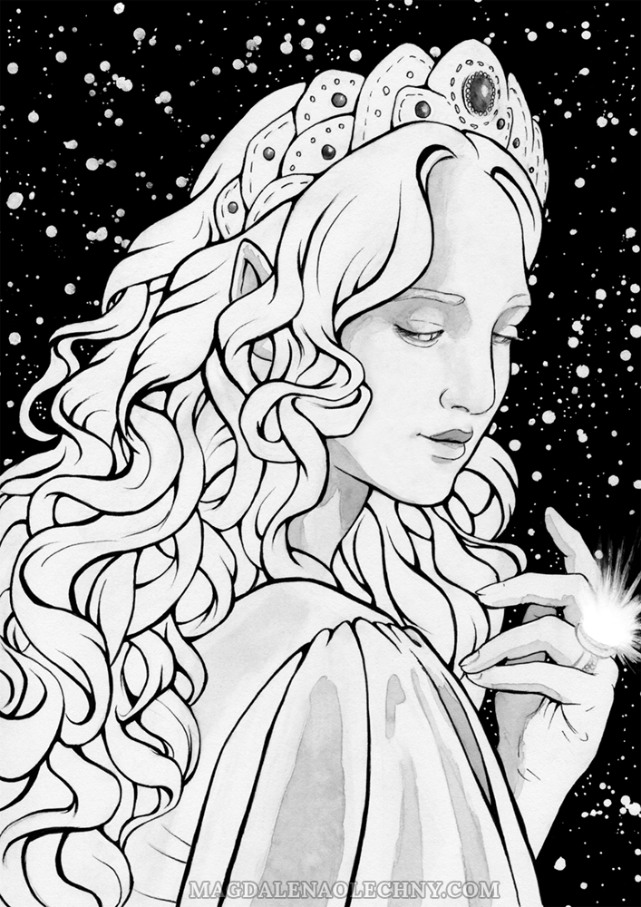 Ink drawing of a female elf with long, wavy hair, with a crown on her head, has a glowing ring on her finger. Behind her there is a night sky full of stars.