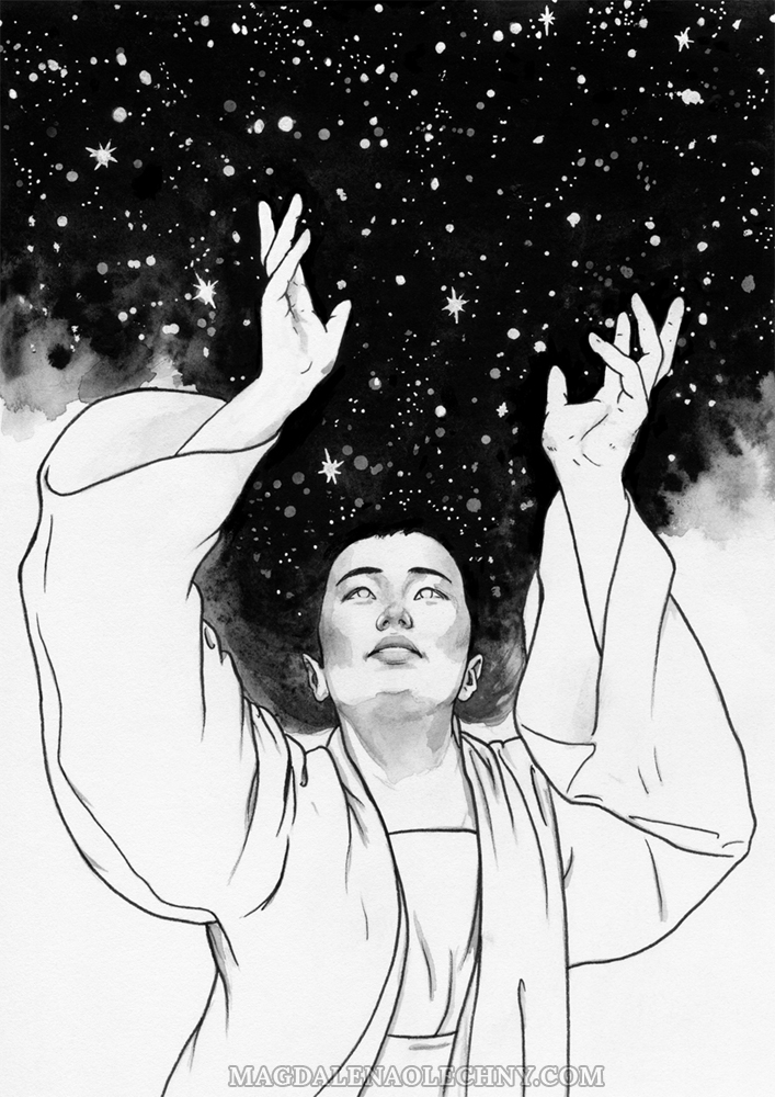 Ink drawing of an Asian woman looking up, her arms are raised, her hair is night sky full of stars.