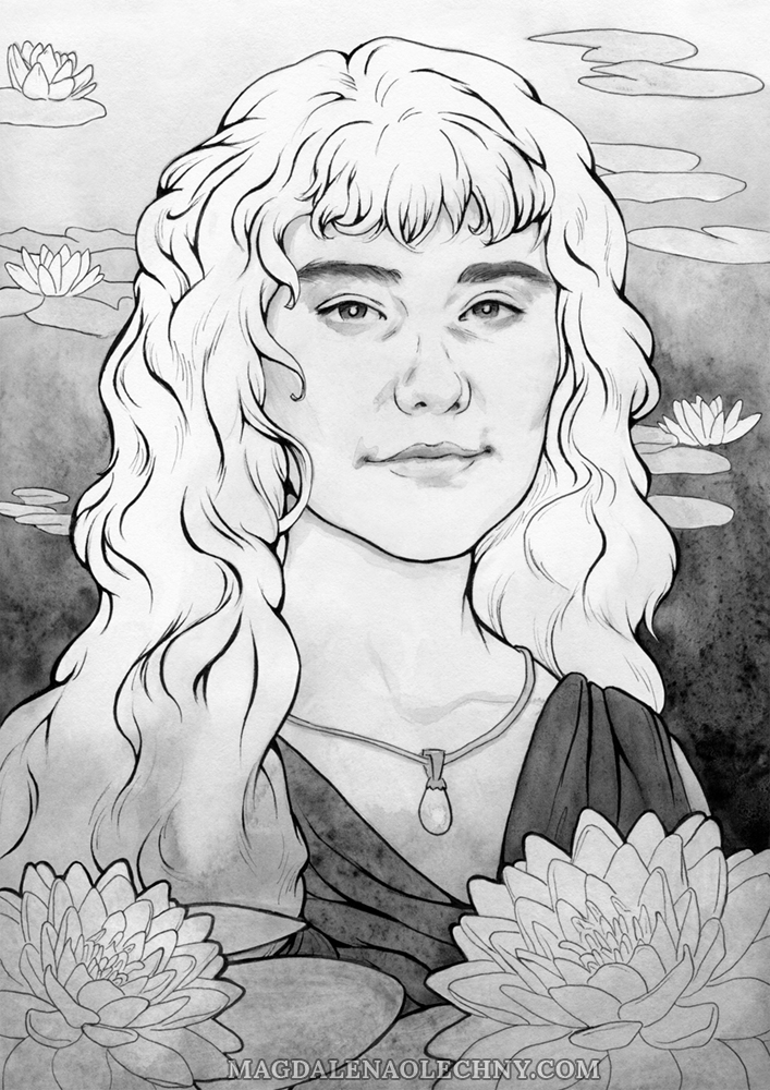 Ink portrait of a fair-haired woman surrounded by water lilies.