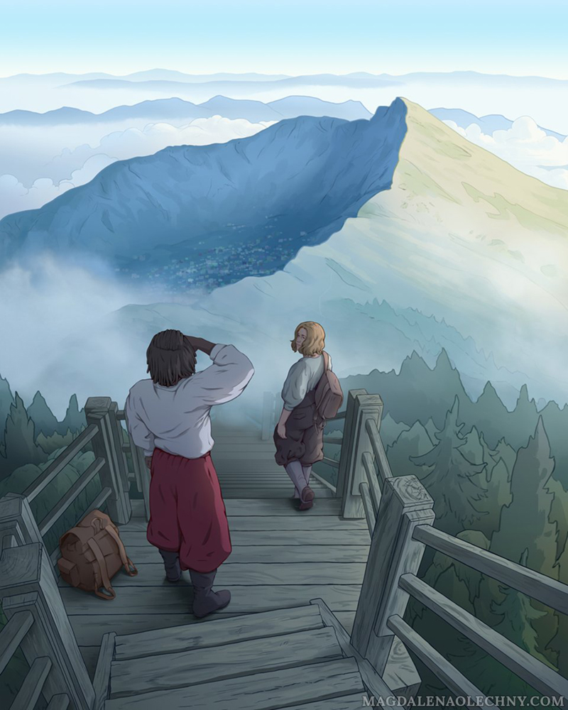 A digital illustration depicting two travelers, a young white, blonde girl, and a black man on their morning journey. They are walking down the long stairs. The man, named Imre Rao, is covering his eyes to look at the mountain ahead of them, surrounded by clouds. The girl, Magnolia Vianney, is turning around to look at her teacher. Beneath them, there is a forest.