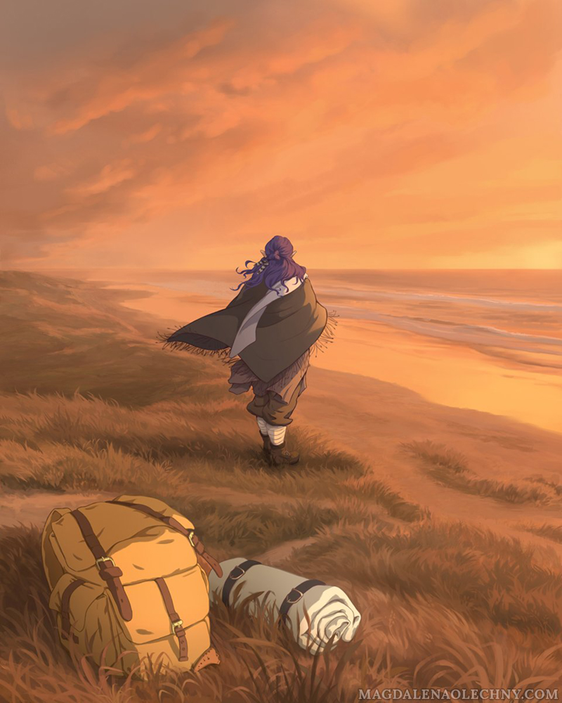 A digital illustration depicting an elf standing with his back to the viewer, staring at the ocean. The shore is grassy, and in the foreground there are a backpack and an ocarina. The time of day is sunset, and there are large clouds in the sky. The background is painterly and the characters are in the style of lineart and cell-shading.