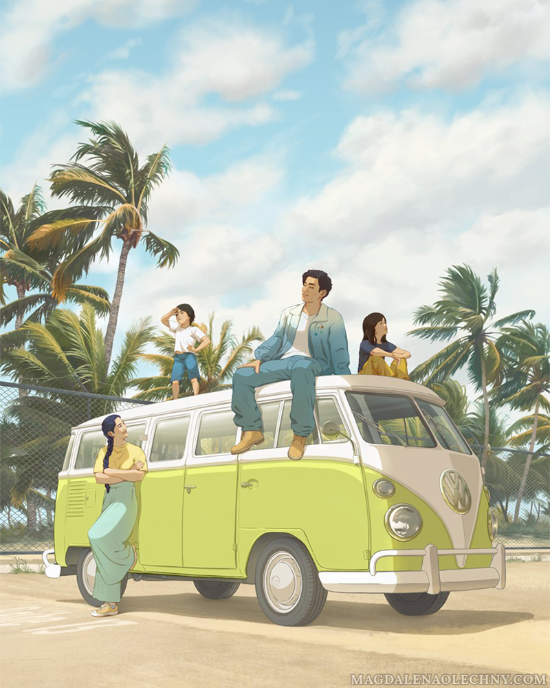 A summer digital painting depicting a family around their camper van. A woman stands next to the van while her husband and two children, a boy and a girl, are on top of it. In the background, there are palms and a clear blue sky with clouds. The VW camper van is parked in an empty parking lot.
