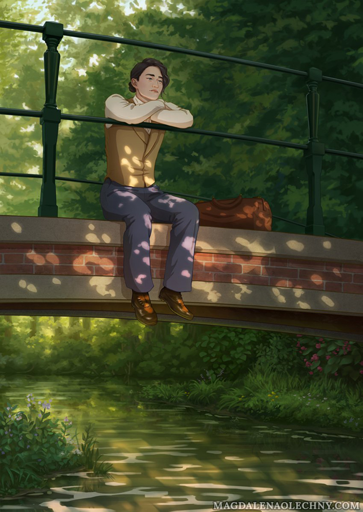 A digital illustration depicting an East Asian man sitting on a bridge over a stream. He is in the park, with lush greenery surrounding the scene.