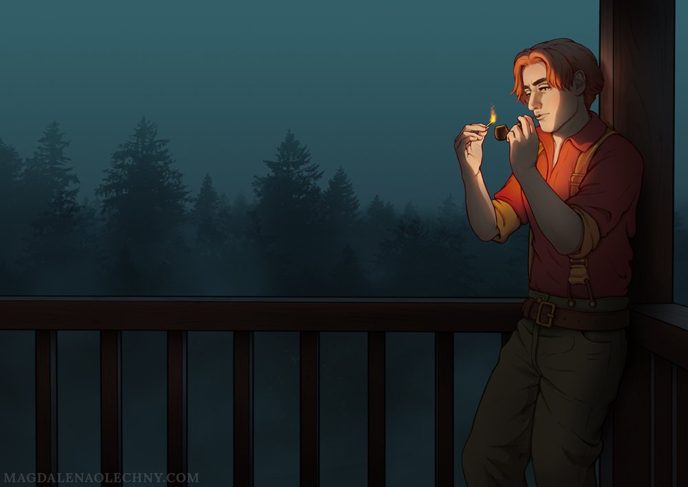 A digital illustration of a young man who is leaning on a wooden column on some kind of a balcony. He is lighting up a pipe. The evening is foggy and moody. In the background, there is a forest.