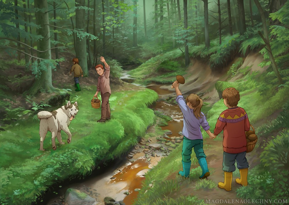 A digital painting of four children picking mushroom, accompanied by a large dog. The painting combines painterly background and lineart and cell-shaded characters.