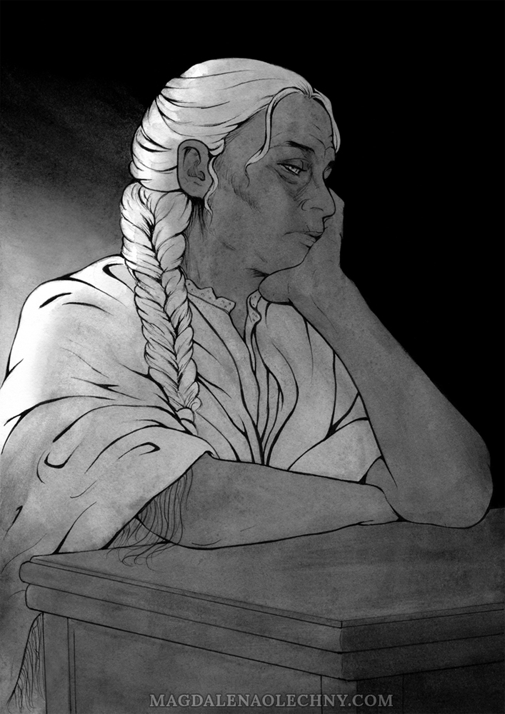 Ink drawing of an elderly pensive woman sitting in the shadows, her head resting on her hand.