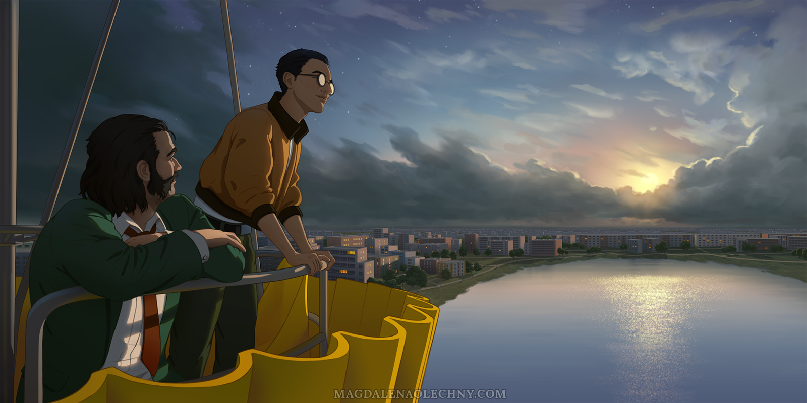 A digital illustration depicting Harry du Bois and Kim Kitsuragi, characters from the game Disco Elysium. They are high up in a Ferris wheel gondola. The sky is filled with stormy clouds.