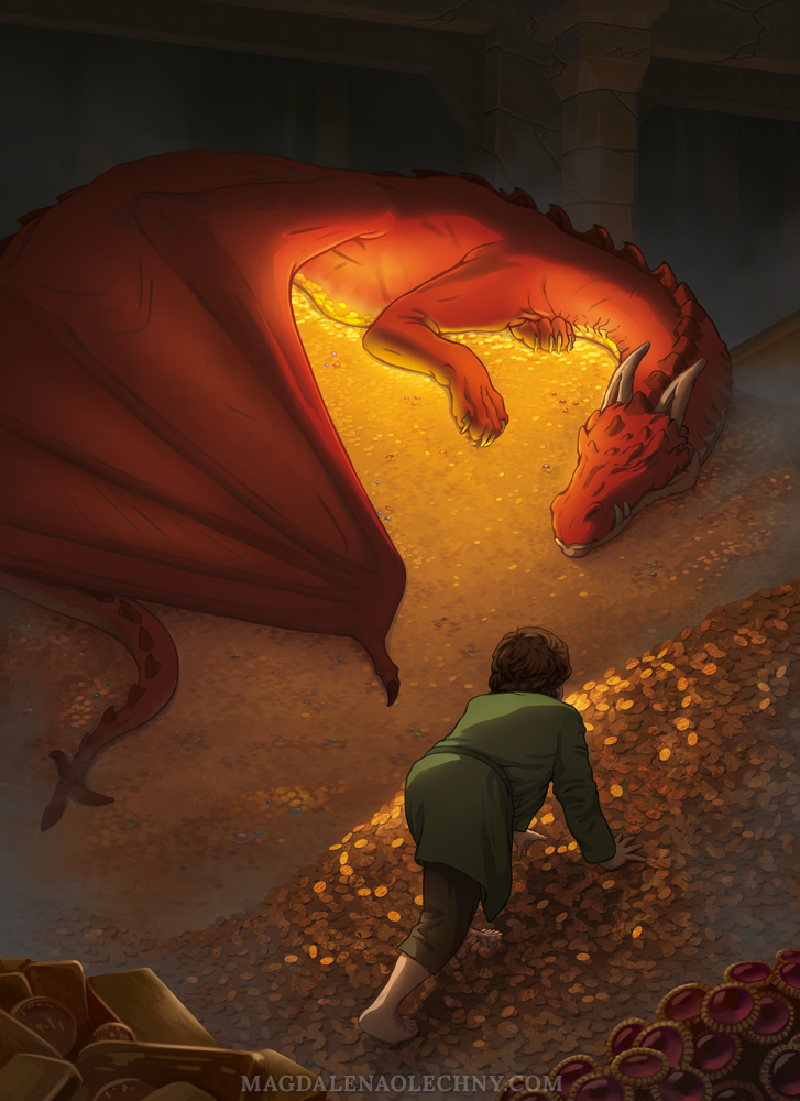 A digital illustration inspired by "The Hobbit, or There and Back Again" by J. R. R. Tolkien. It depicts a red dragon (Smaug) sleeping on a pile of gold and jewels. A hobbit (Bilbo Baggins) is carefully sneaking up on him. They are both deep down in the dungeons, the only light emanating from the dragon.
