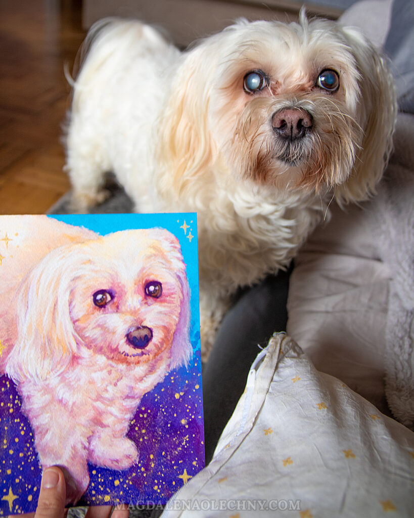 A photo of a Maltese dog standing near her pet portrait painting. In the painting she is standing on a galaxy background. 