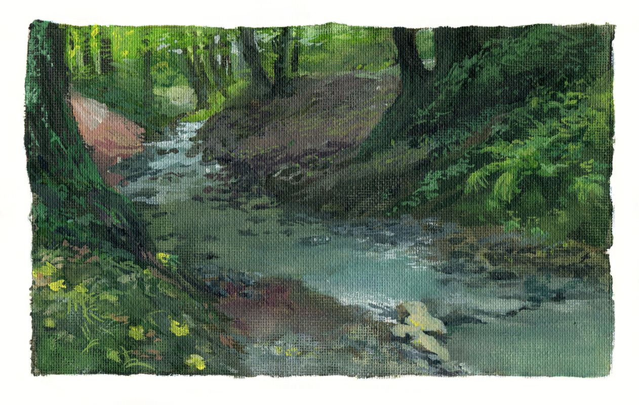 Gouache painting of a stream in the park. The stream is rather shallow and narrow, surrounded by trees and muddy banks covered by greenery. The weather is overcast.