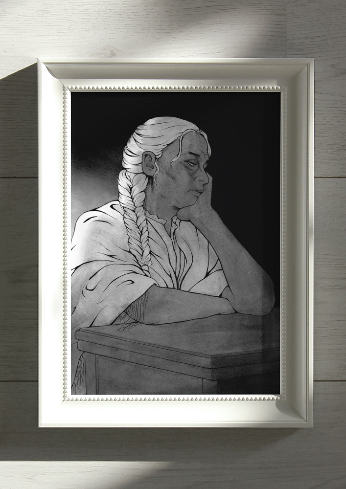 Framed original painting inspired by Andreth from “Morgoth's Ring” by J.R.R. Tolkien. It's an ink drawing of an elderly pensive woman sitting in the shadows, her head resting on her hand.