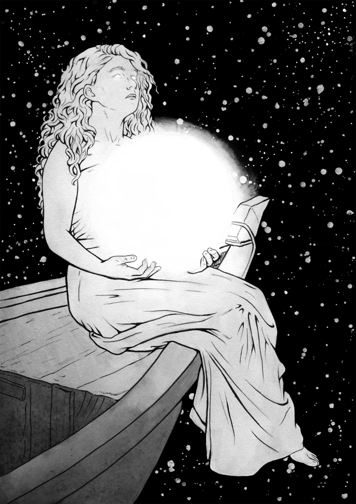 Original painting inspired by Arien from “The Silmarillion” by J.R.R. Tolkien. Ink drawing of a woman sitting on a boat in outer space, she is holding a fiery ball of the Sun in her hands. Her eyes are glowing.