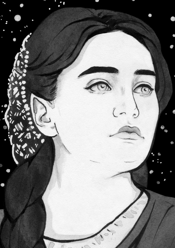 Original painting inspired by Arwen from “The Lord of the Rings” by J.R.R. Tolkien. Ink drawing of a female elf with a long dark braid, she is looking into the distance. Behind her there is a night sky full of stars.