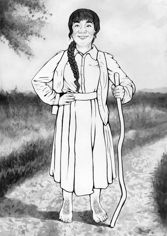 Original painting inspired by Belladonna Took Baggins from “The Hobbit or There and Back Again” by J.R.R. Tolkien. Ink drawing of a female traveler. She is on an adventure, standing with a wooden stick on a trail among the grass. The weather is sunny.