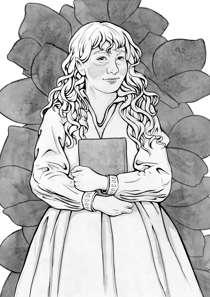 Original painting inspired by Elanor Gamgee from “The Lord of the Rings” by J.R.R. Tolkien. Ink drawing of a smiling woman, who is standing against a backdrop of flowers, a book in her arms.