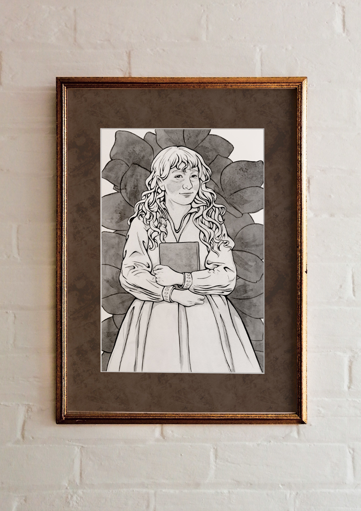 Framed original painting inspired by Elanor Gamgee from “The Lord of the Rings” by J.R.R. Tolkien. Ink drawing of a smiling woman, who is standing against a backdrop of flowers, a book in her arms.