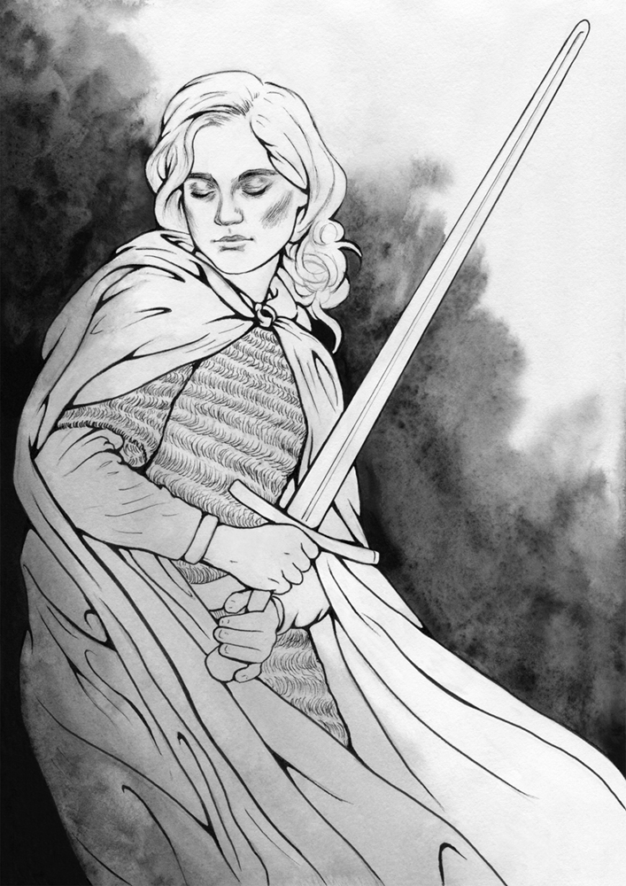 Original painting inspired by Éowyn from “The Lord of the Rings” by J.R.R. Tolkien. Ink drawing of a female warrior, who is standing with her sword drawn, the wind is tugging at her cloak. There is smoke in the background.