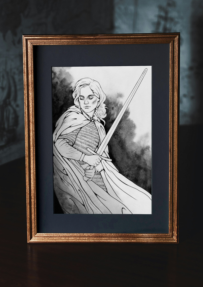 Framed original painting inspired by Éowyn from “The Lord of the Rings” by J.R.R. Tolkien. Ink drawing of a female warrior, who is standing with her sword drawn, the wind is tugging at her cloak. There is smoke in the background.