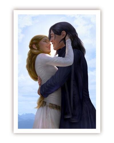 A mockup of a print of a digital illustration inspired by "The Lord of the Rings" by J. R. R. Tolkien. It depicts Éowyn and Faramir. They are hugging and smiling, the sunny sky behind them.