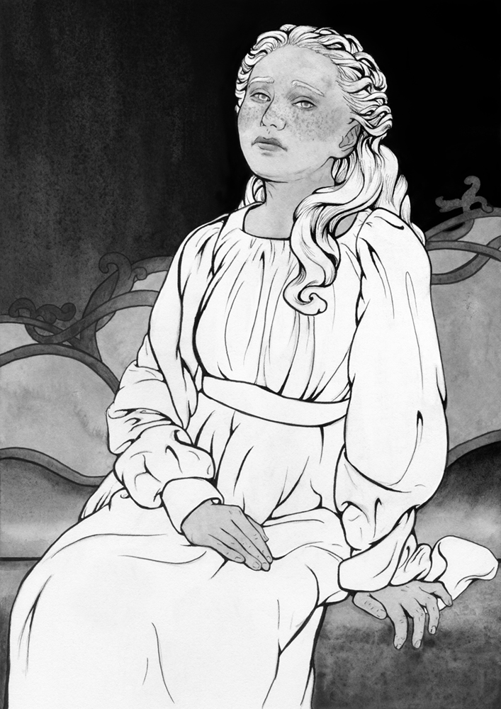 Original painting inspired by Finduilas from “The Silmarillion” by J.R.R. Tolkien. Ink portrait of a female elf sitting on a chaise longue, gazing sadly at the viewer.