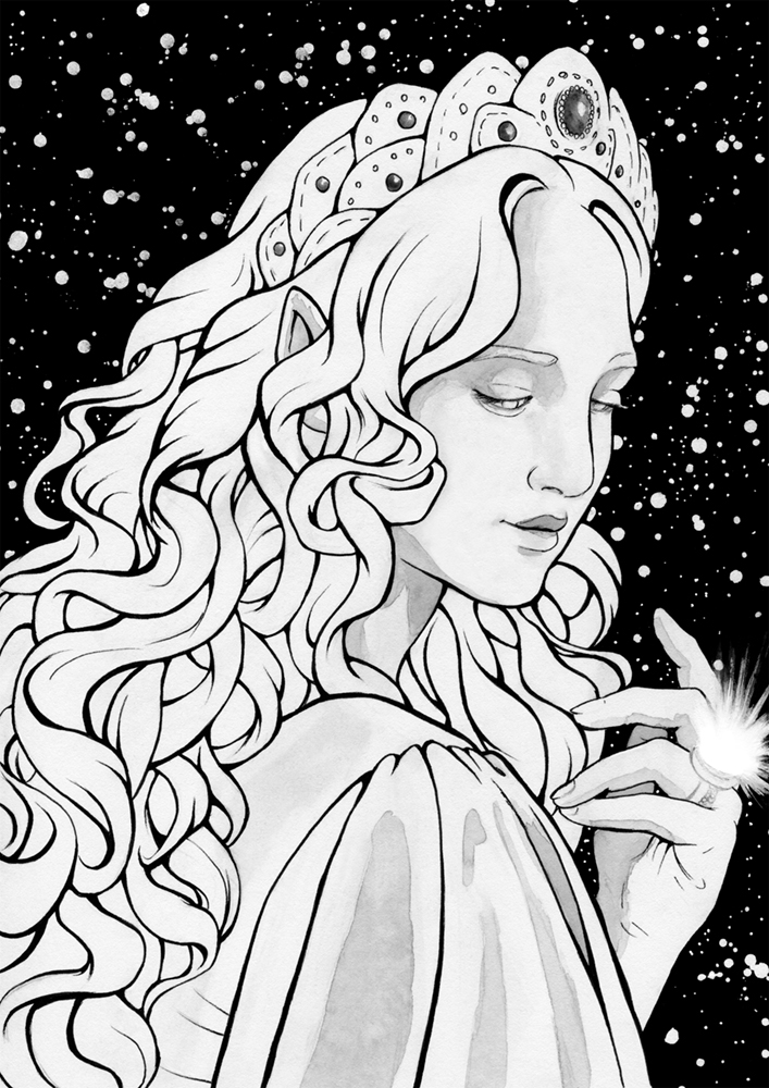 Original painting inspired by Galadriel from “The Lord of the Rings” by J.R.R. Tolkien. Ink drawing of a female elf with long, wavy hair, with a crown on her head, has a glowing ring on her finger. Behind her there is a night sky full of stars.