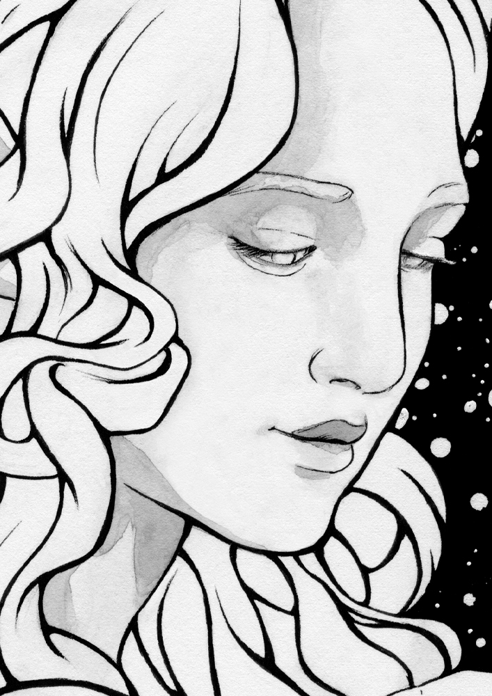 Original painting inspired by Galadriel from “The Lord of the Rings” by J.R.R. Tolkien. Ink drawing of a female elf with long, wavy hair. Behind her there is a night sky full of stars.