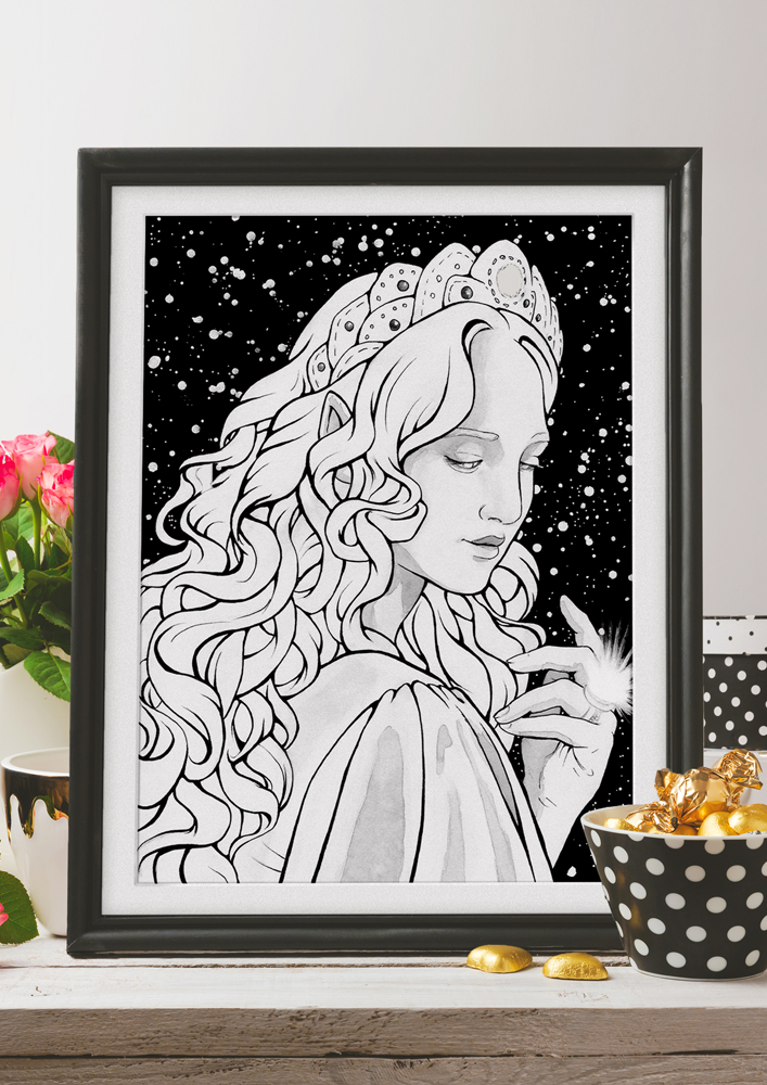 Framed original painting inspired by Galadriel from “The Lord of the Rings” by J.R.R. Tolkien. Ink drawing of a female elf with long, wavy hair, with a crown on her head, has a glowing ring on her finger. Behind her there is a night sky full of stars.