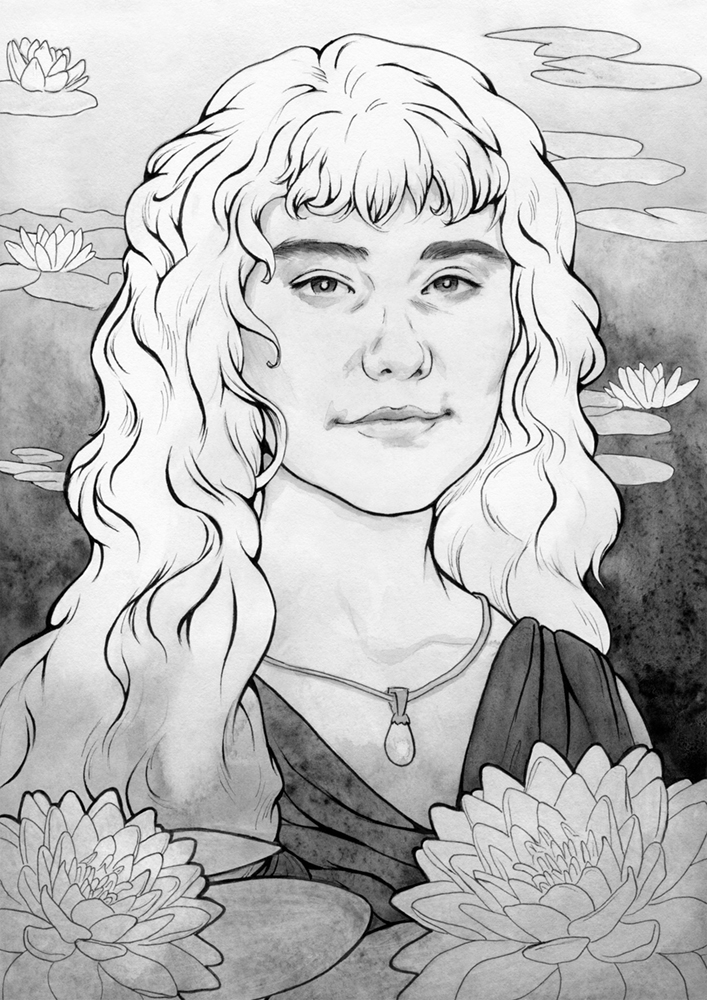 Original painting inspired by Goldberry from “The Lord of the Rings” by J.R.R. Tolkien. Ink portrait of a fair-haired woman surrounded by water lilies.